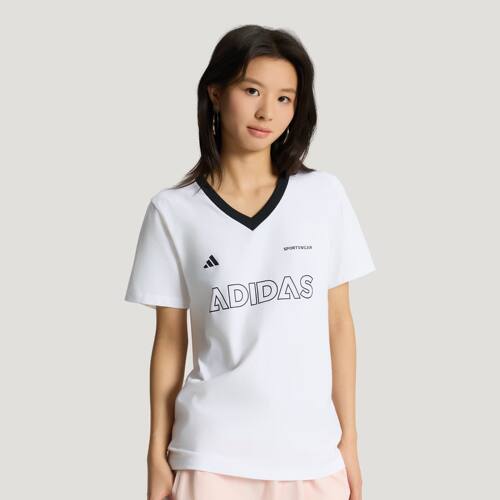 阿迪达斯女V领短袖运动T恤夏季
