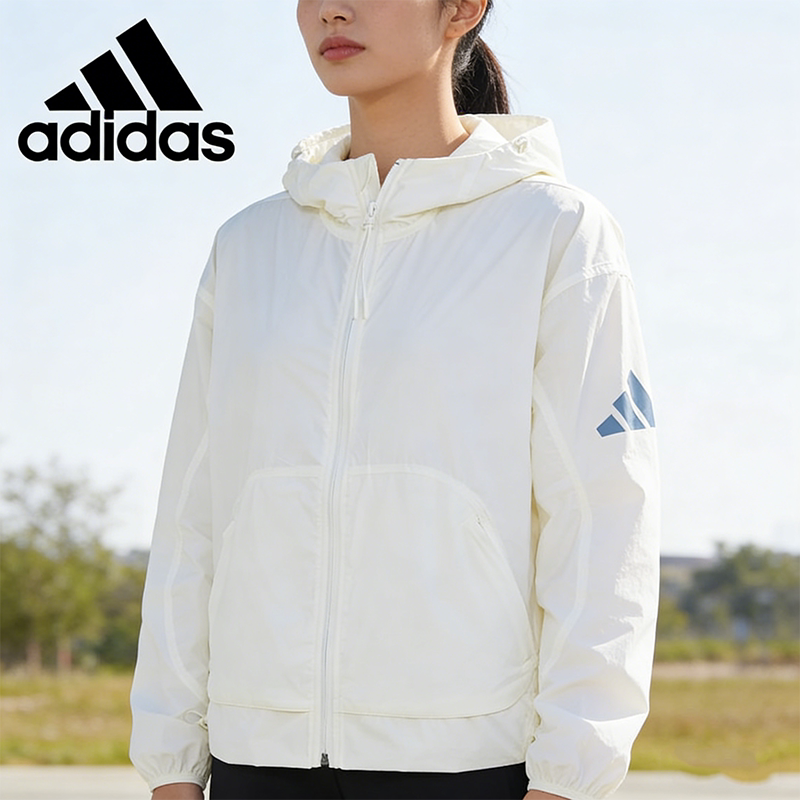 Adidas阿迪达斯防晒上衣女正品轻肤感运动休闲宽松连帽外套JC5114