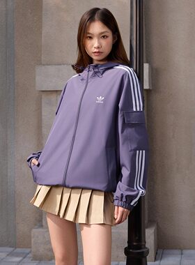Adidas阿迪达斯三叶草外套紫色男女款春季韩版三条纹运动连帽上衣