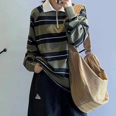 Adidas三叶草男女情侣款半拉链撞色条纹POLO衫运动长袖T恤JD2841