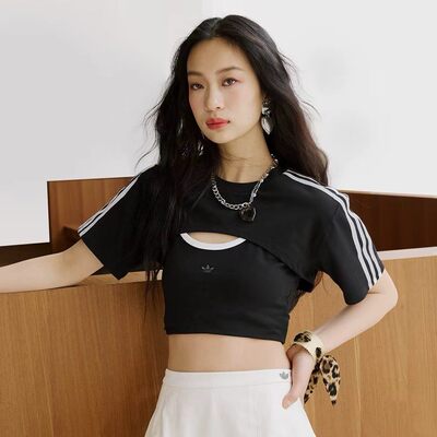 阿迪达斯三叶草短袖女夏季新款假两件高腰短款修身休闲T恤JD0042
