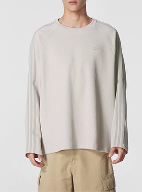 阿迪达斯三叶草男子2026春季新款华夫格休闲长袖圆领T恤KH1175