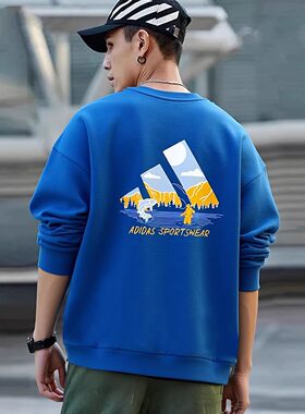 阿迪达斯卫衣男针织加绒保暖宽松蓝色休闲套头衫2026新款KF5247