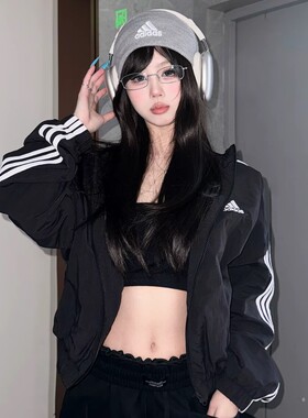 正品阿迪达斯外套女2026夏季条纹连帽拉链速干透气长袖夹克HT3399