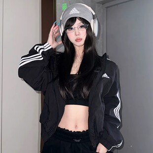正品阿迪达斯外套女2026夏季条纹连帽拉链速干透气长袖夹克HT3399