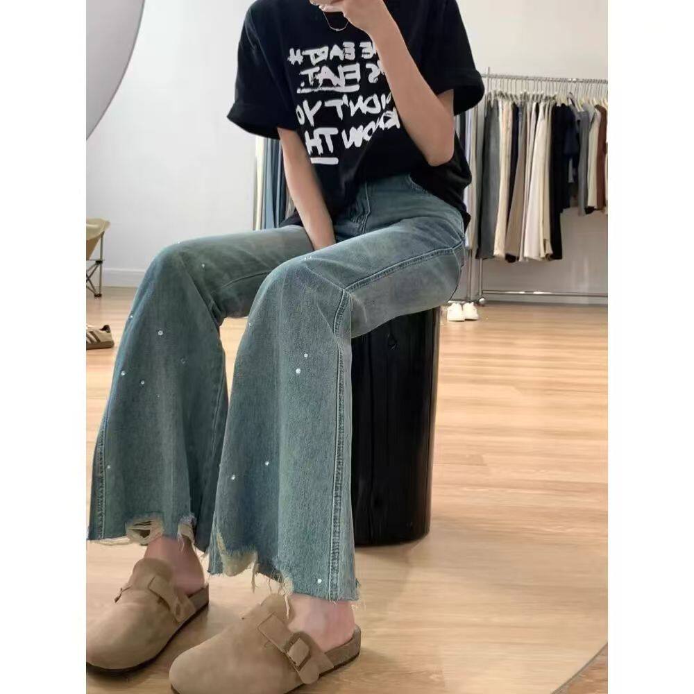 复古烫钻微喇牛仔裤女钉珠撕边高腰遮胯宽松显瘦毛边做旧拖地长裤