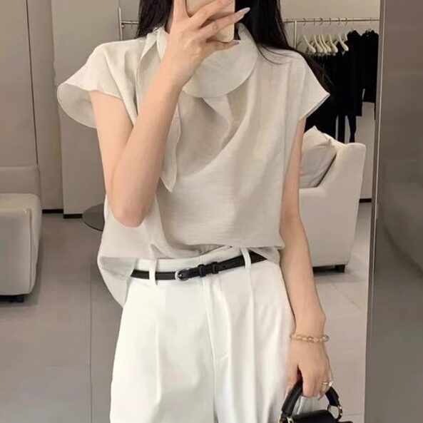 法式雪纺衫女夏季薄款2025夏设计感小众气质堆堆领飘带凉爽小衫潮