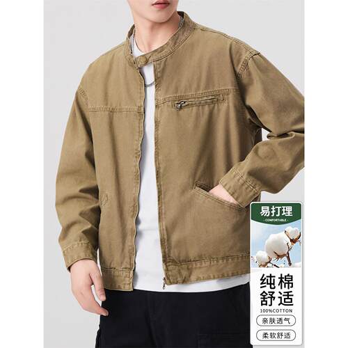 美式机车立领牛仔夹克男