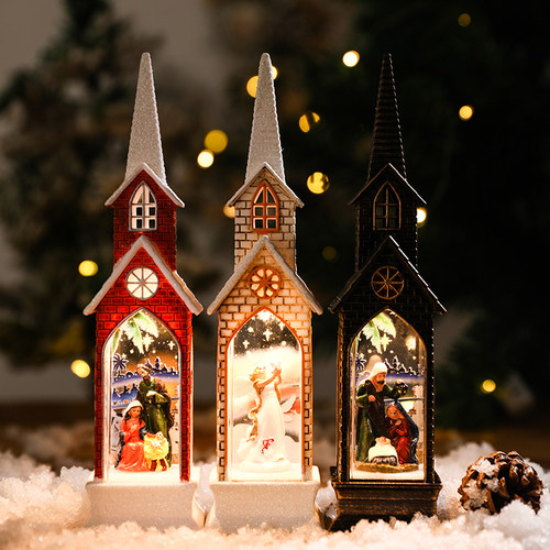 圣诞树下发光教堂小屋桌面装饰品圣诞节摆件商场橱窗场景装扮