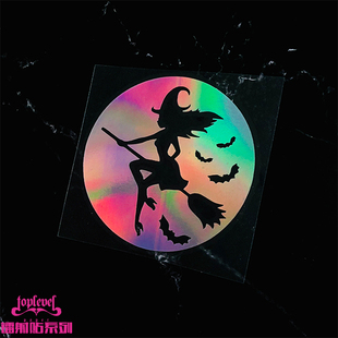 TLP镭射车贴 女巫Witch巫婆美女骑扫把蝙蝠万圣节妖怪镭射幻彩贴