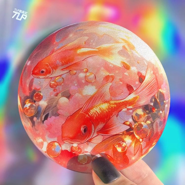 锦鲤金鱼圆形立体感贴纸原创国潮