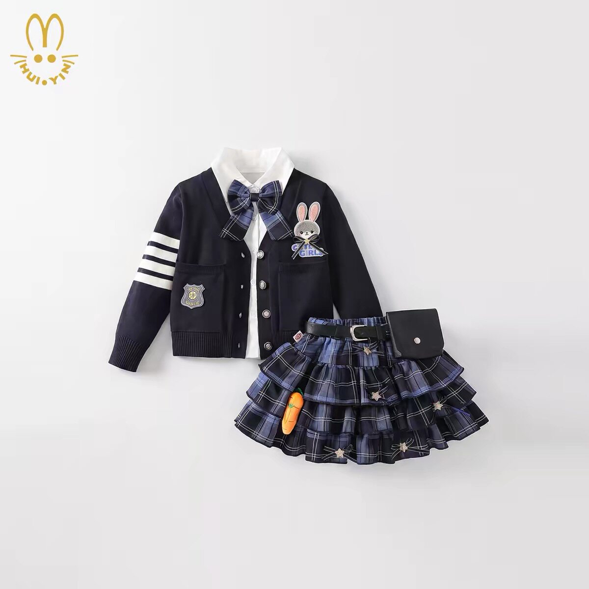 女童秋装新款兔子警官三件套长袖毛衣套装jk学院风裙子儿童衣服秋图片