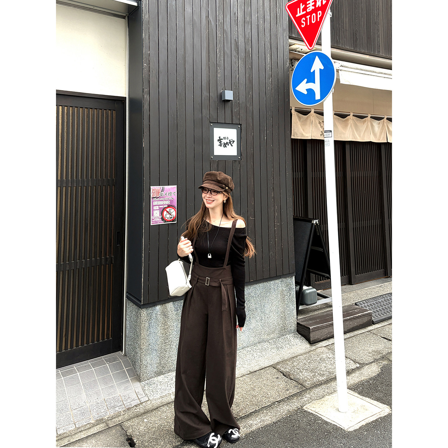 【现货】 380g焦糖美拉德磨毛背带休闲裤子女高腰直筒阔腿长裤