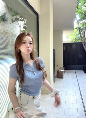 TMHSTUDIO【现货】 醋酸羊毛亨利领针织短袖T恤女夏修身半袖上衣