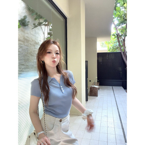 TMH醋酸羊毛亨利领针织短袖T恤