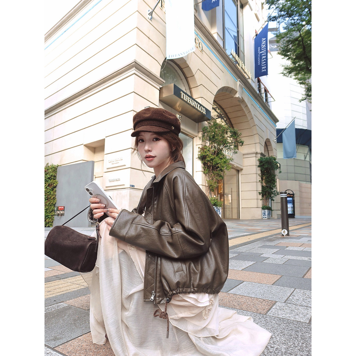 【现货】 咖啡色老钱风皮衣外套女秋冬美拉德复古短款pu皮夹克