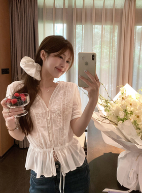 TMHSTUDIO【现货】重工刺绣蕾丝V领衬衫女夏温柔风短袖系带上衣