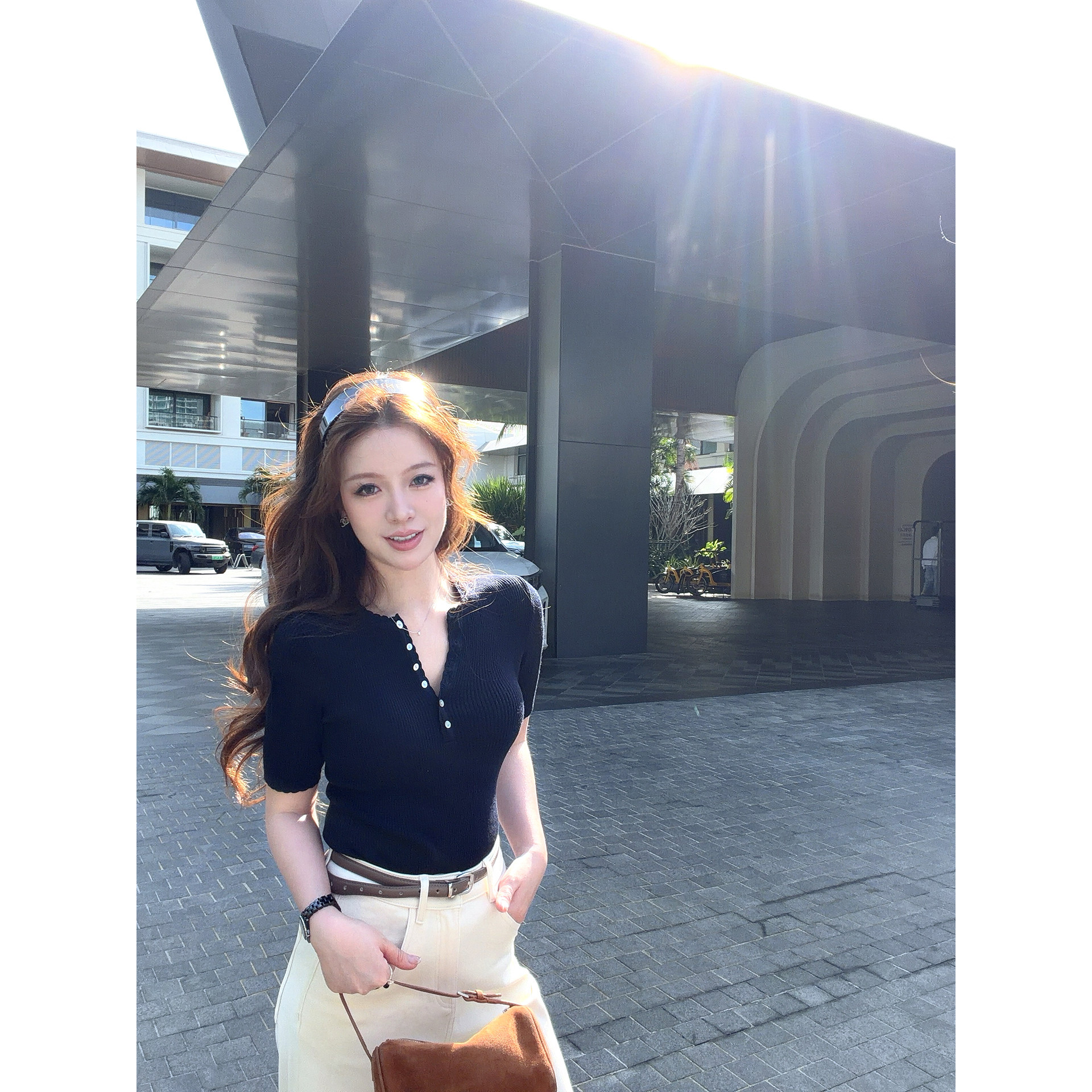 【现货】亨利领短袖针织T恤女蕾丝花边内搭外穿修身短款半袖上衣