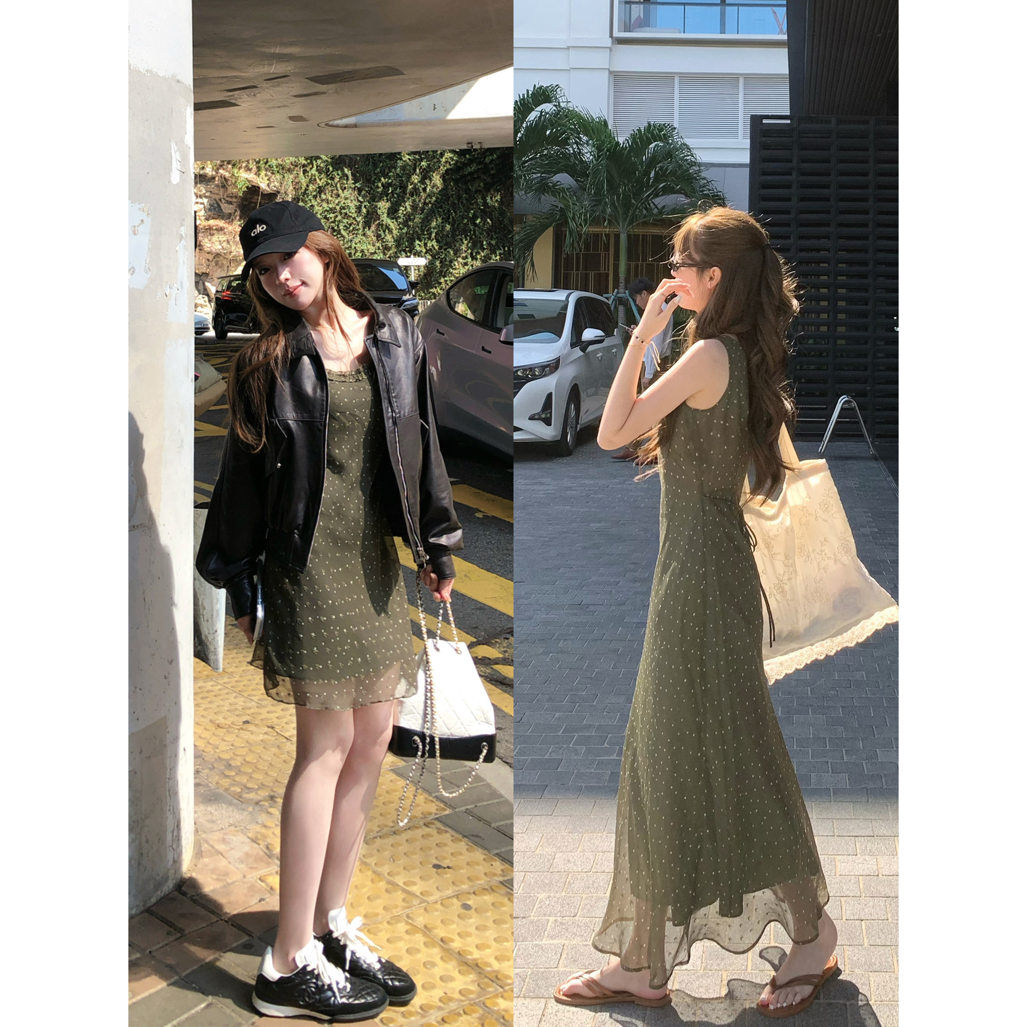 TMHSTUDIO法式复古波点双层蕾丝花边背心连衣裙子女无袖A字中长裙
