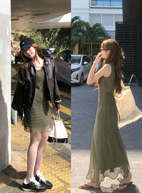 TMHSTUDIO法式复古波点双层蕾丝花边背心连衣裙子女无袖A字中长裙
