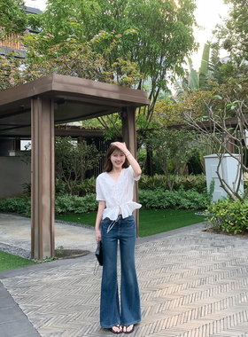 TMHSTUDIO 莱赛尔四面弹微喇叭牛仔裤子女直筒显腿瘦休闲阔腿长裤