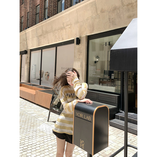 TMHSTUDIO刺绣条纹印花长袖T恤