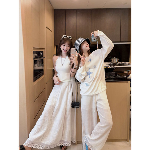 【7折福利回馈】白色定制蕾丝花边宽松度假风半身裙阔腿裤女