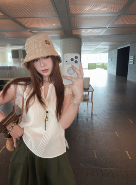 TMHSTUDIO 重工莱赛尔亚麻刺绣衬衫女夏设计感塔克线蕾丝百搭上衣