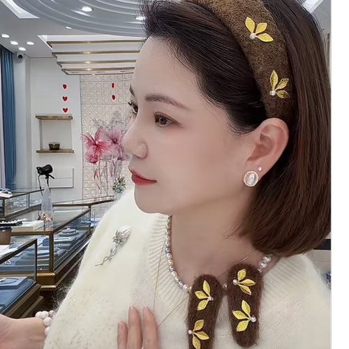 “复古金秋” 棕咖金叶天然珍珠发卡 发箍 2779H00DY 拍一发三