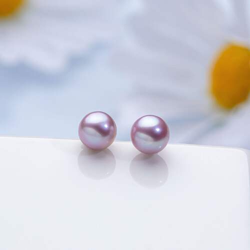 “小紫豆”正圆无核珍珠耳钉 6-7mm 18K金