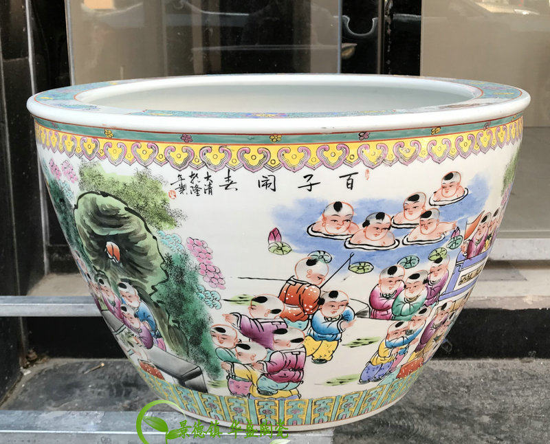景德镇陶瓷器落地鱼缸水缸粉彩手绘百子图 群星祝寿图庭院子摆件