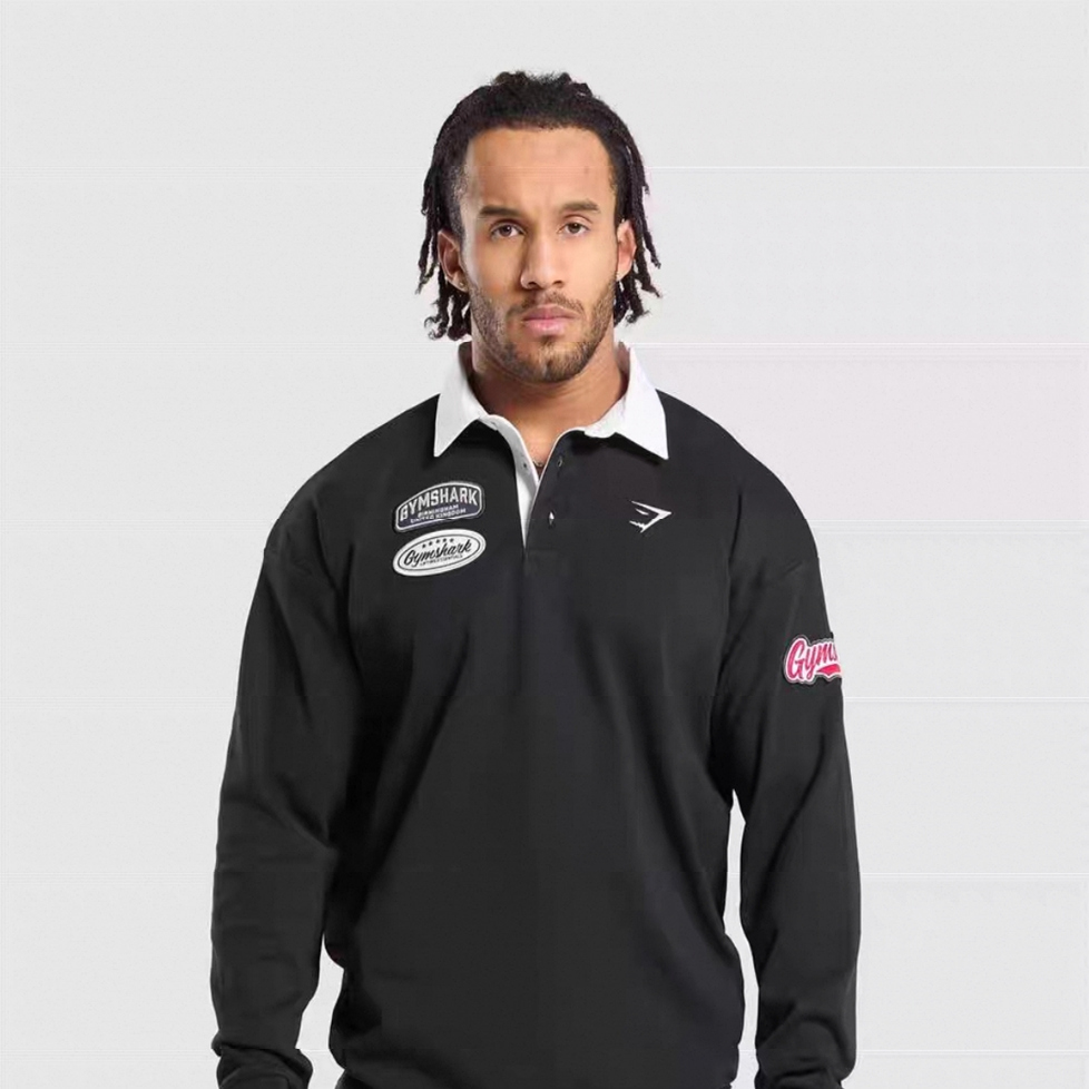 GYMSHARK Rugby男子贴布刺绣标运动上衣休闲翻领衬衫宽松新款长袖