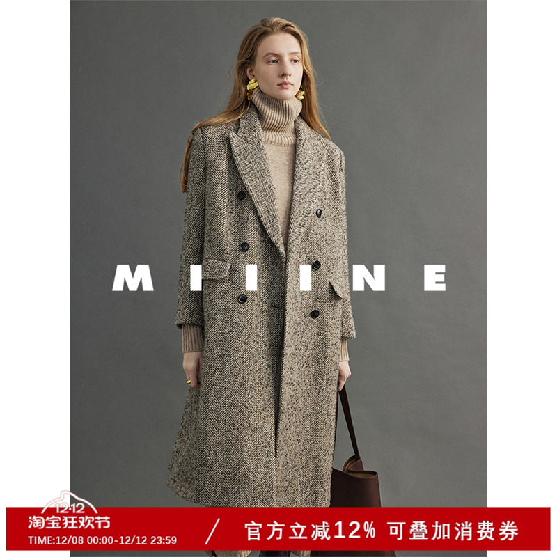 Miiine羊毛长款毛呢大衣人字纹