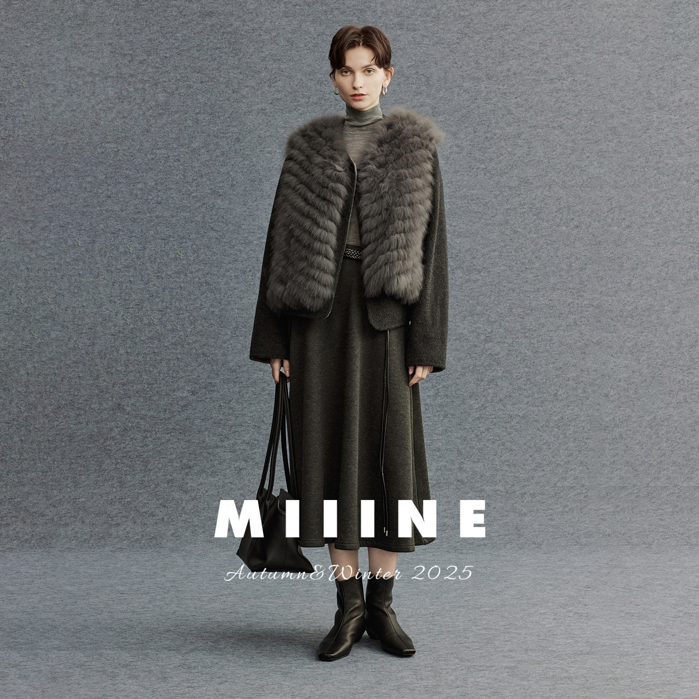 Miiine羊毛双面呢狐狸毛马甲 落肩短款双色可选纸片人皮草外套