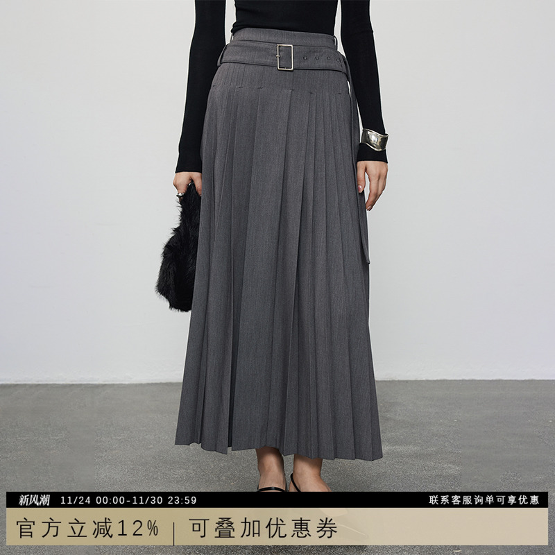 腰带款百褶裙中长款通勤