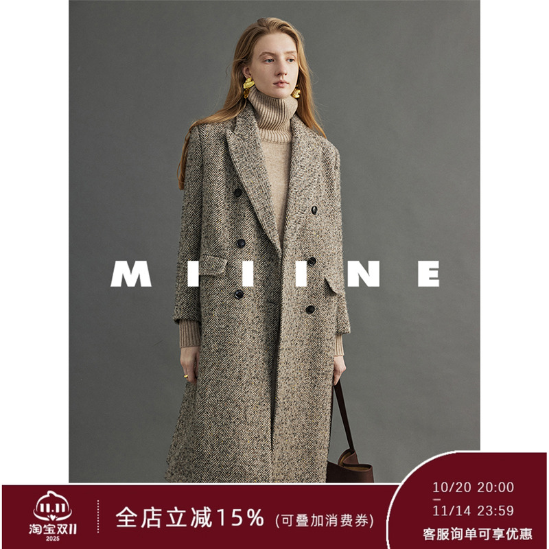 Miiine羊毛长款毛呢大衣人字纹