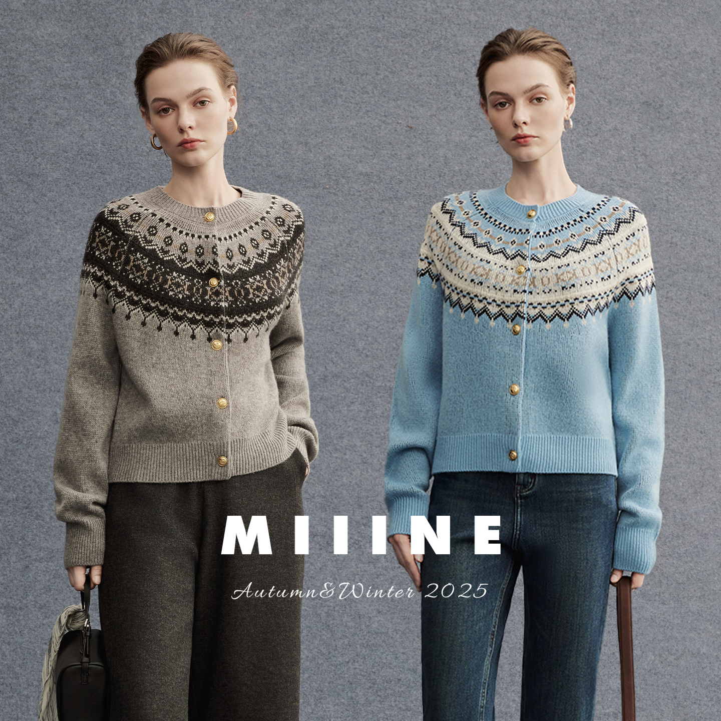 Miiine重工提花费尔岛毛衣开衫 美利奴羊毛复古宽松针织外套