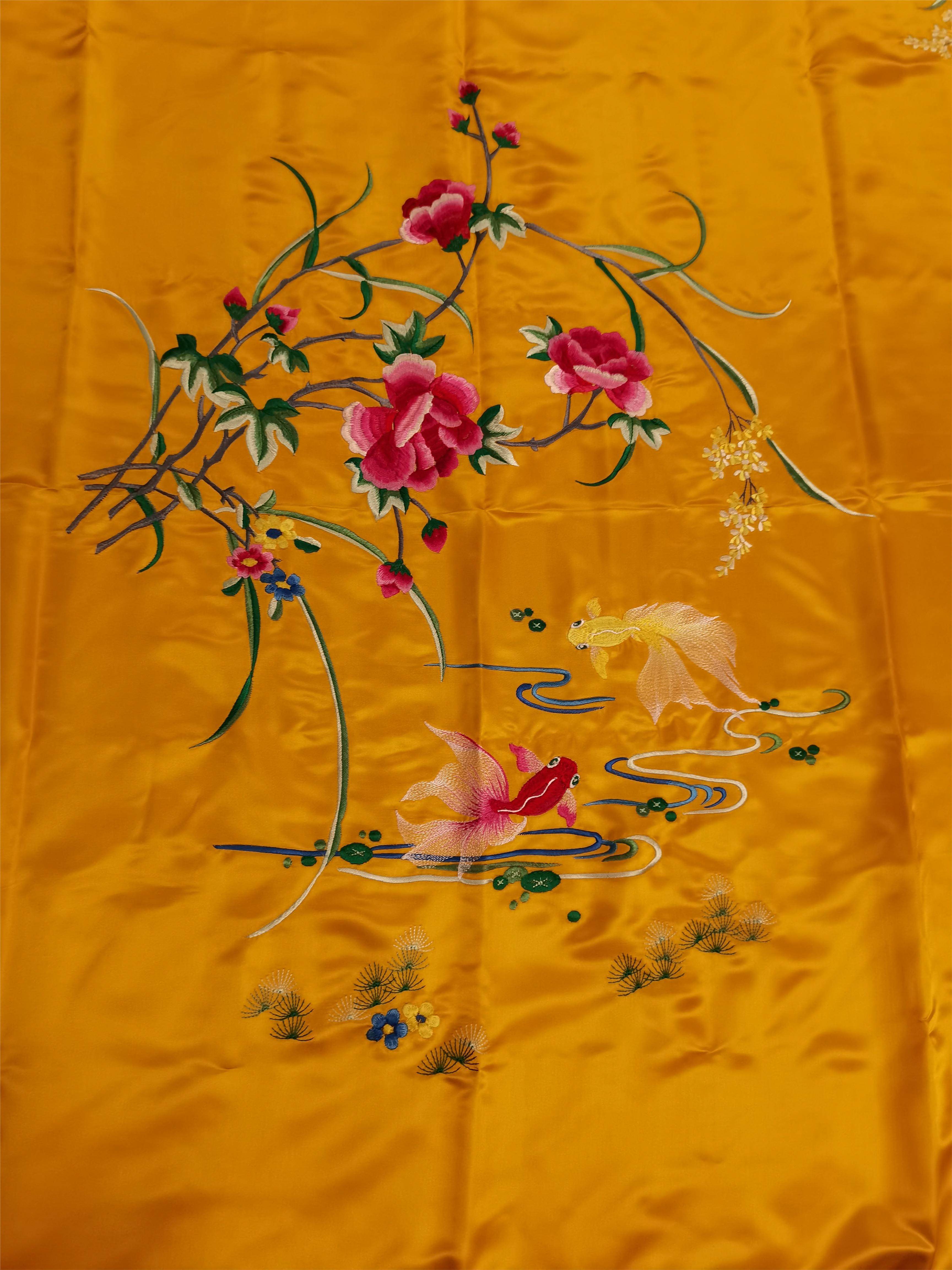 杭州真丝软缎被面 (桑蚕丝) 金鱼牡丹(电脑绣花)婚庆送礼被套