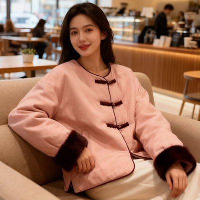 水貂毛袖口~粉色减龄国风冬季短款羽绒服女新中式外套90白鹅绒服