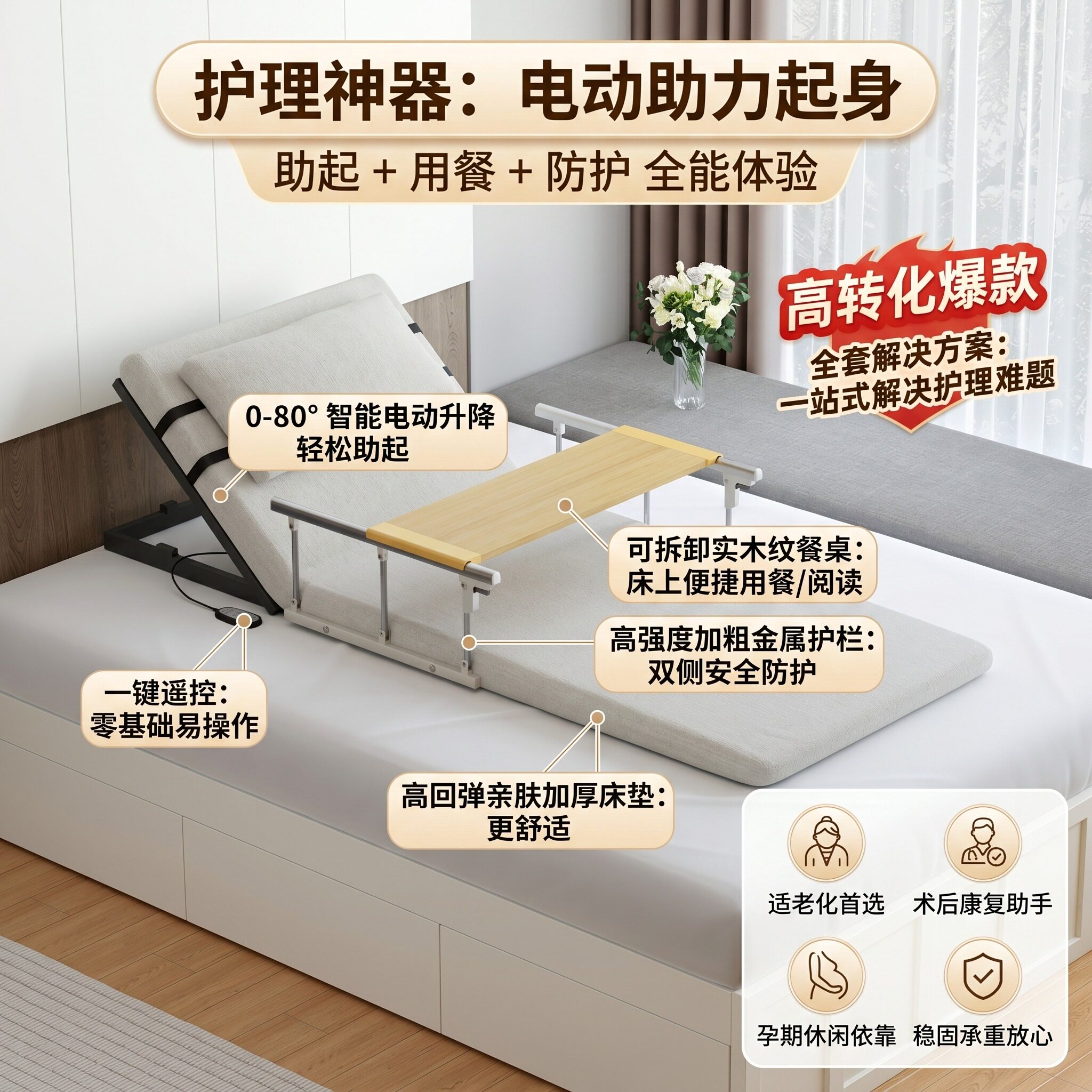 电动起身辅助器老人卧床久躺神器家用病人起床自动升降床垫起背器