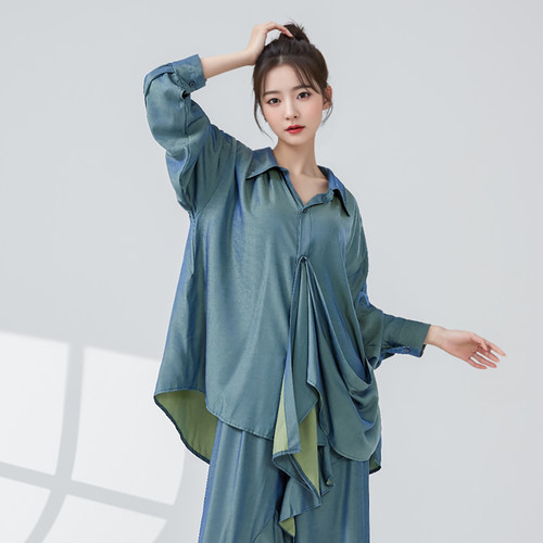 GTD现代舞服装女清水蓝飘逸宽松衬衫式演出练功服侧飘片爵士衬衣 - 封面