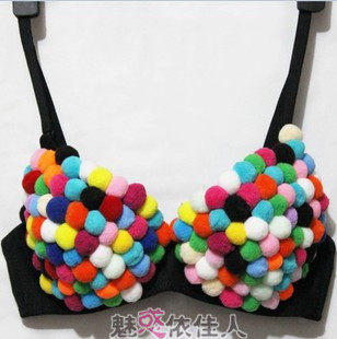 夜店酒吧性感dj女歌DS演出服GOGO领舞糖果彩色毛毛球文胸比基尼