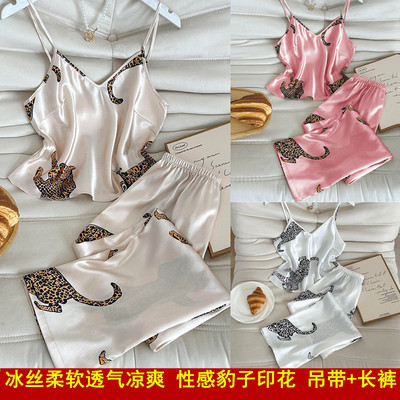 欧美风跨境冰丝睡衣豹纹吊带裙