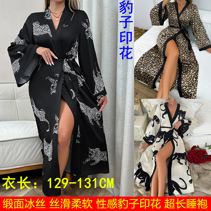 豹子印花缎面冰丝超长睡袍性感女
