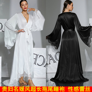 冰丝蕾丝拖尾超长睡袍名媛风女新娘晨袍喇叭长袖模特走秀舞台表演