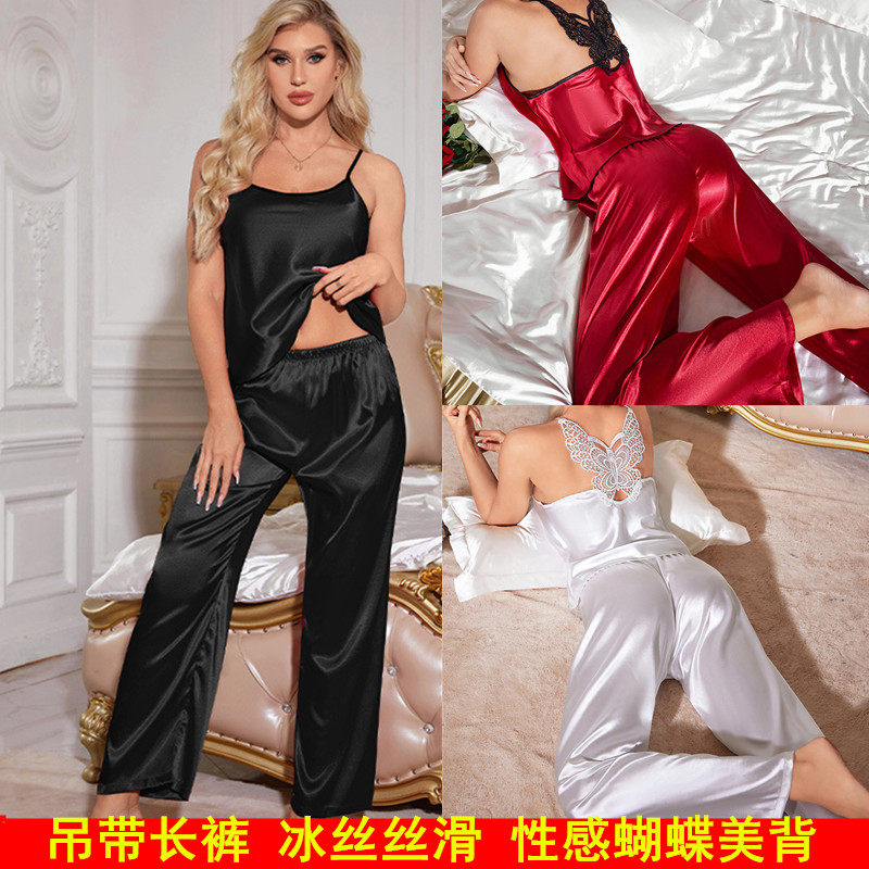 冰丝吊带长裤两件套装大蝴蝶蕾丝