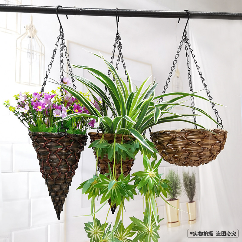 简约创意吊篮藤编花篮垂吊装饰插假花绿植物土培多用大号新款挂篮