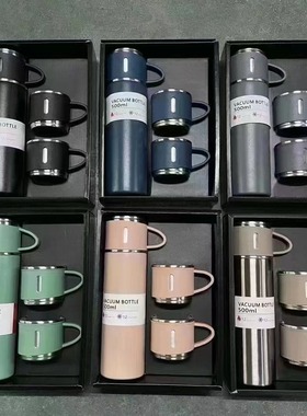 新款一杯三盖 304不锈钢保温杯套装双层商务办公礼品杯套装logo