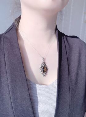 【BW中古】古董天然茶晶吊坠，老银镶