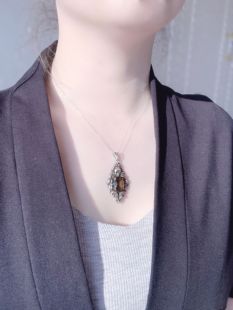 【BW中古】古董天然茶晶吊坠，老银镶